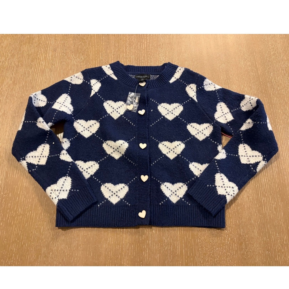 Cynthia Rowley Womens S Navy Blue White Heart Cardigan Sweater Heart Buttons NWT